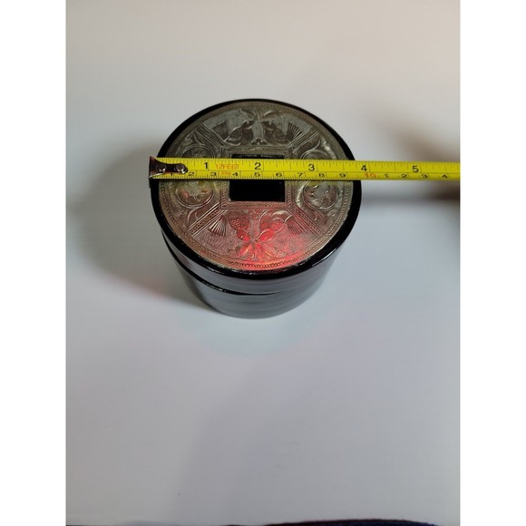 Round Wooden Trinket Jewelry Box Bird Floral Embossed Silver Plate Lid - Picture 5 of 6